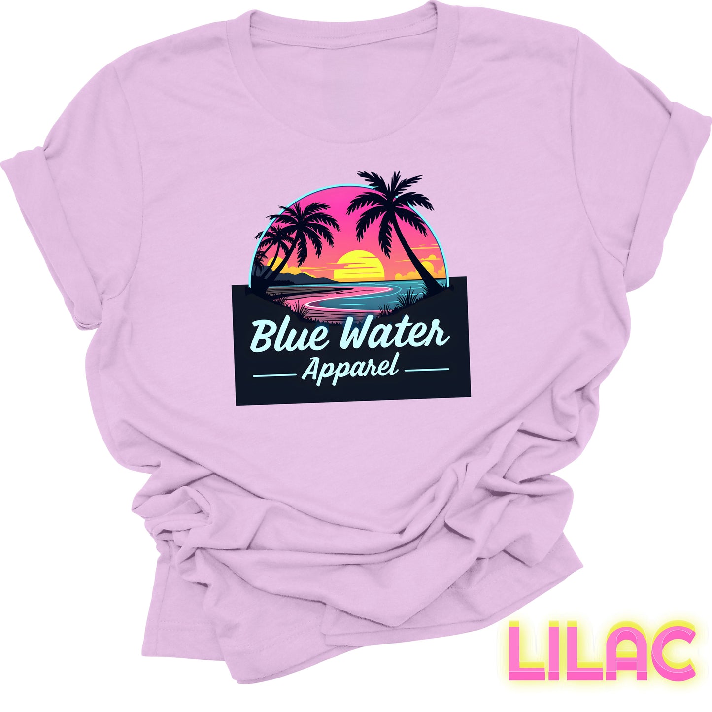 flat lay front graphic lilac neon sunset tee by blue water apparel