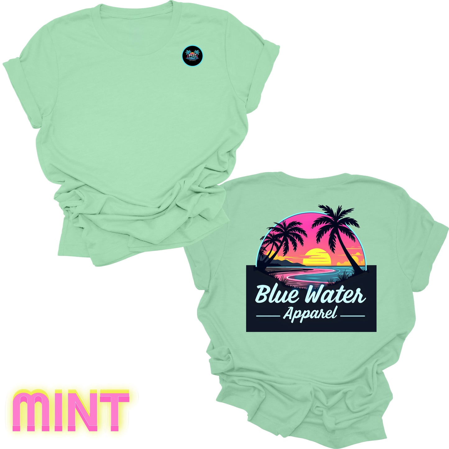 flat lay back graphic mint neon sunset tee by blue water apparel