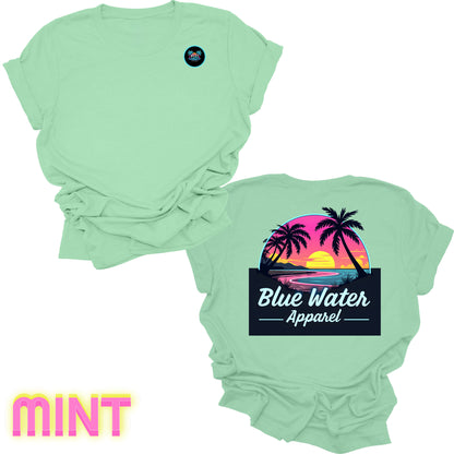 flat lay back graphic mint neon sunset tee by blue water apparel