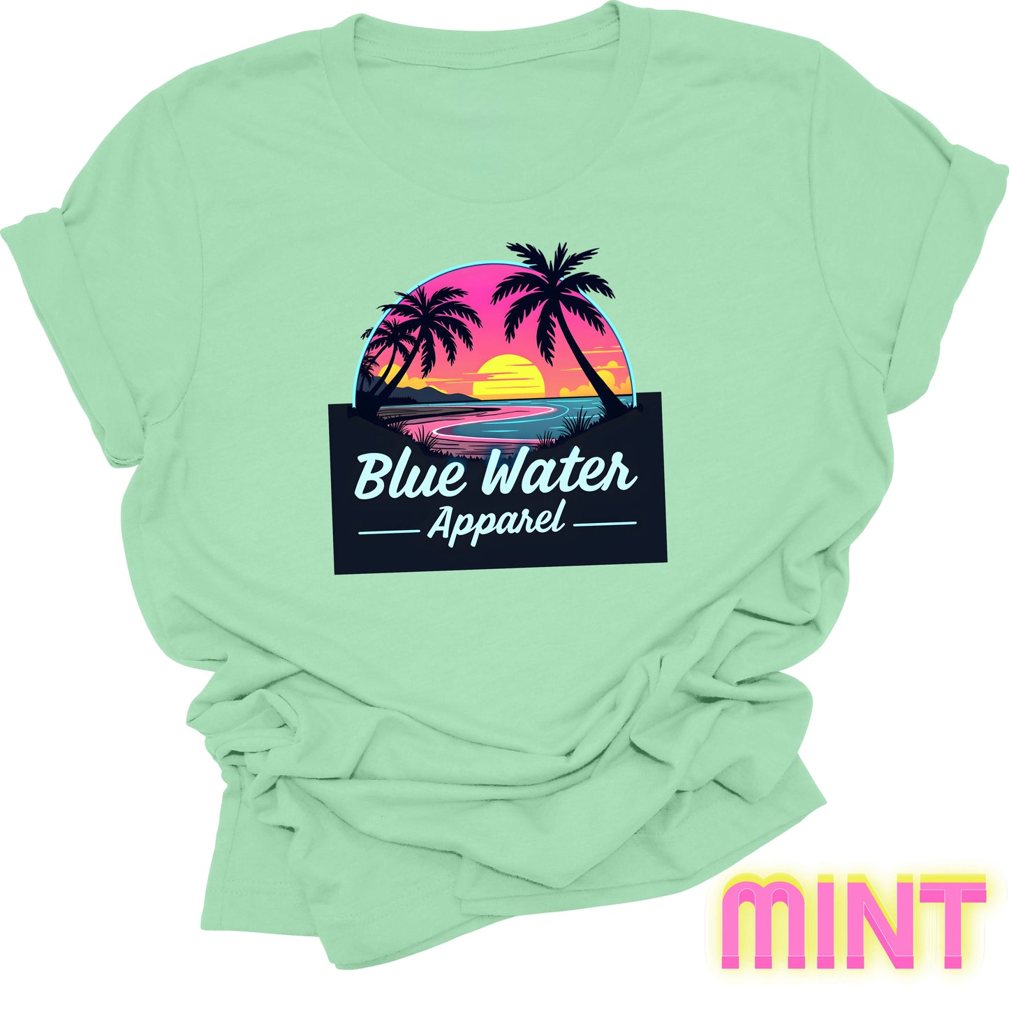 flat lay front graphic mint neon sunset tee by blue water apparel