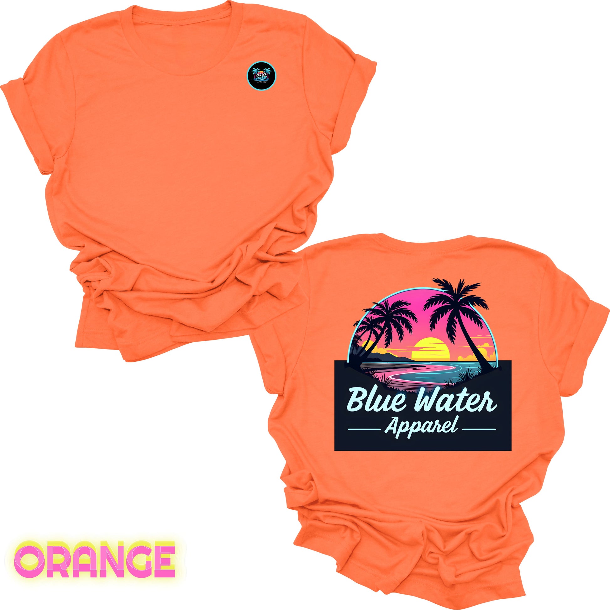 flat lay back graphic orange neon sunset tee by blue water apparel