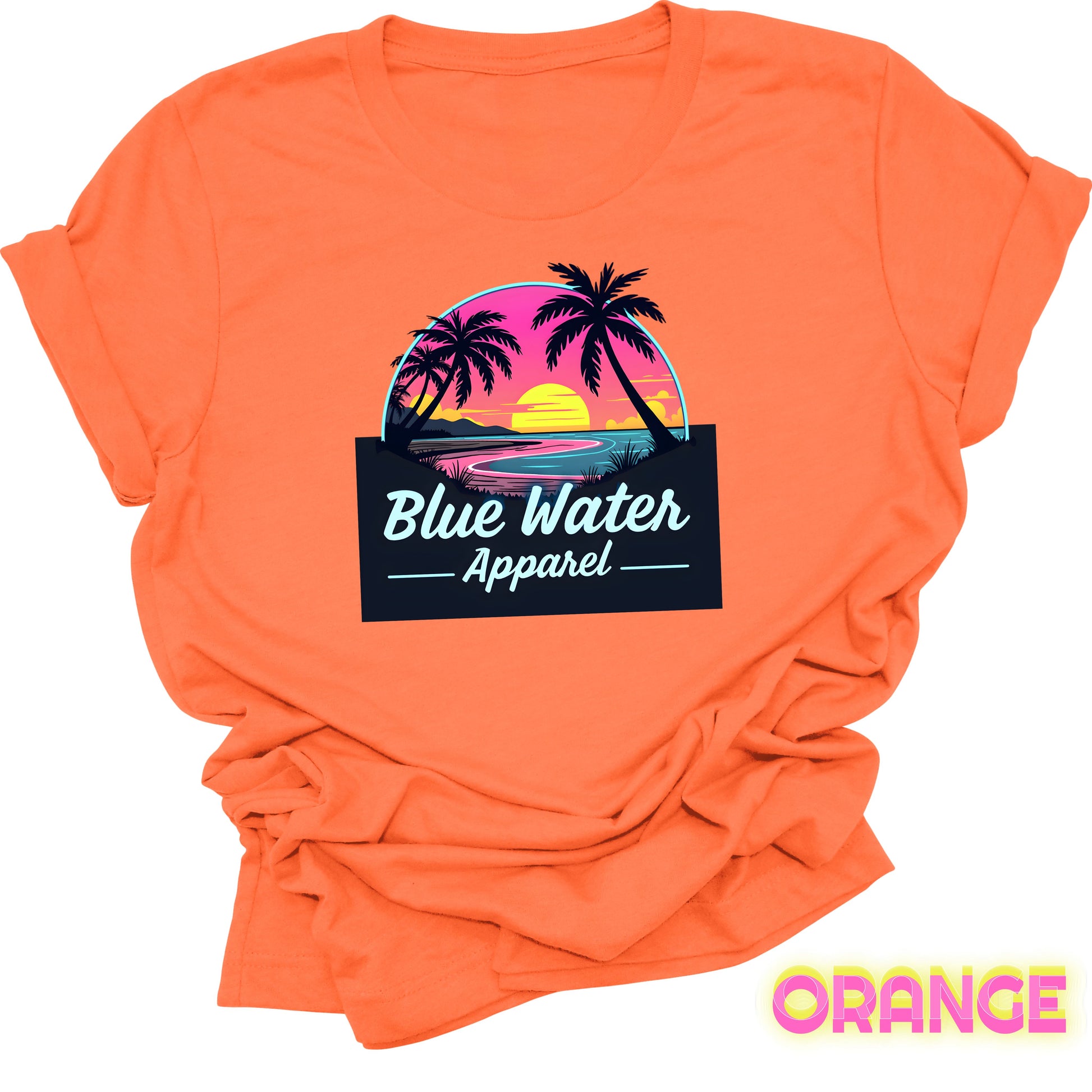 flat lay front graphic orange neon sunset tee by blue water apparel