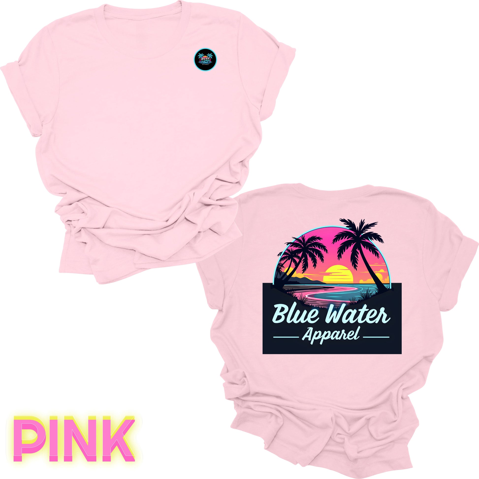 flat lay back graphic pink neon sunset tee by blue water apparel