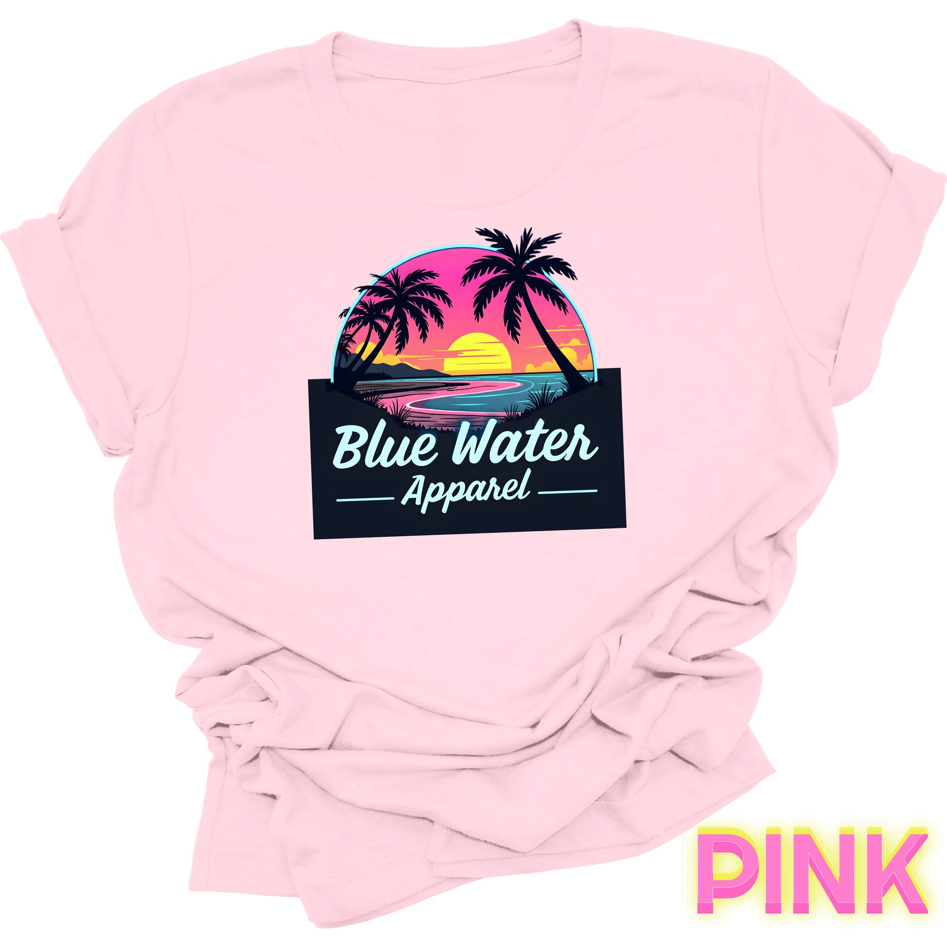 flat lay front graphic pink neon sunset tee by blue water apparel