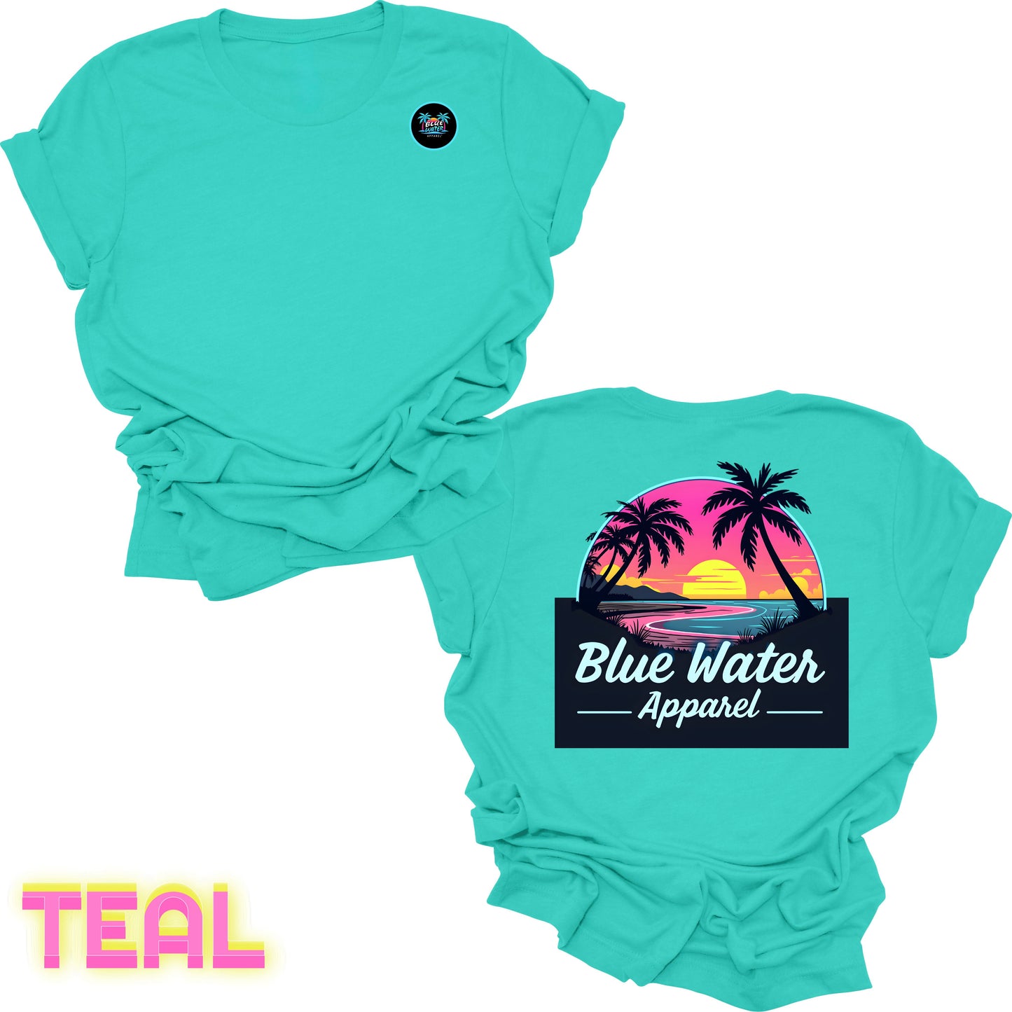 flat lay back graphic teal neon sunset tee by blue water apparel