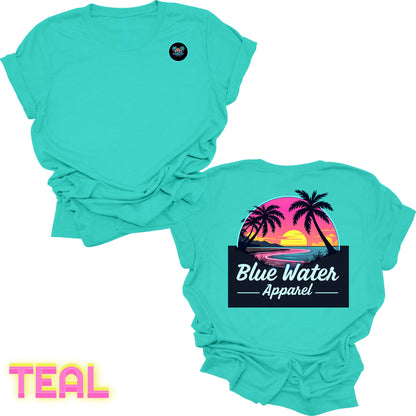 flat lay back graphic teal neon sunset tee by blue water apparel