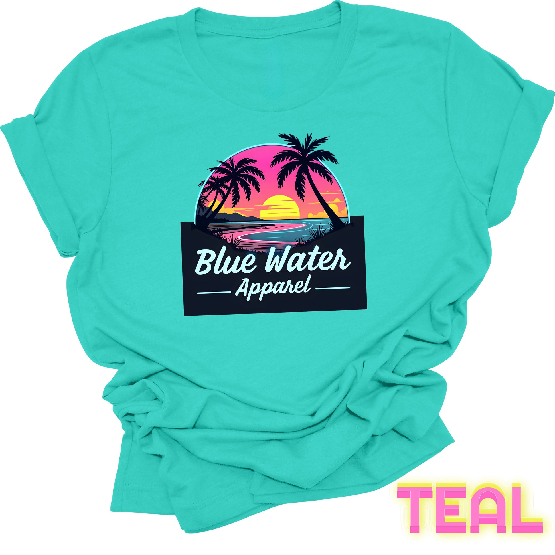 flat lay front graphic teal neon sunset tee by blue water apparel