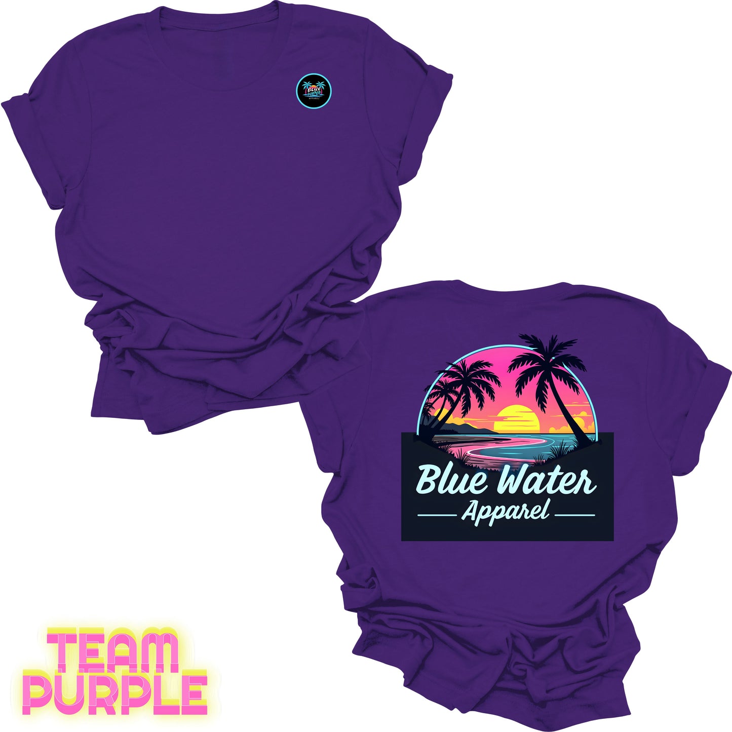 flat lay back graphic team purple neon sunset tee by blue water apparel