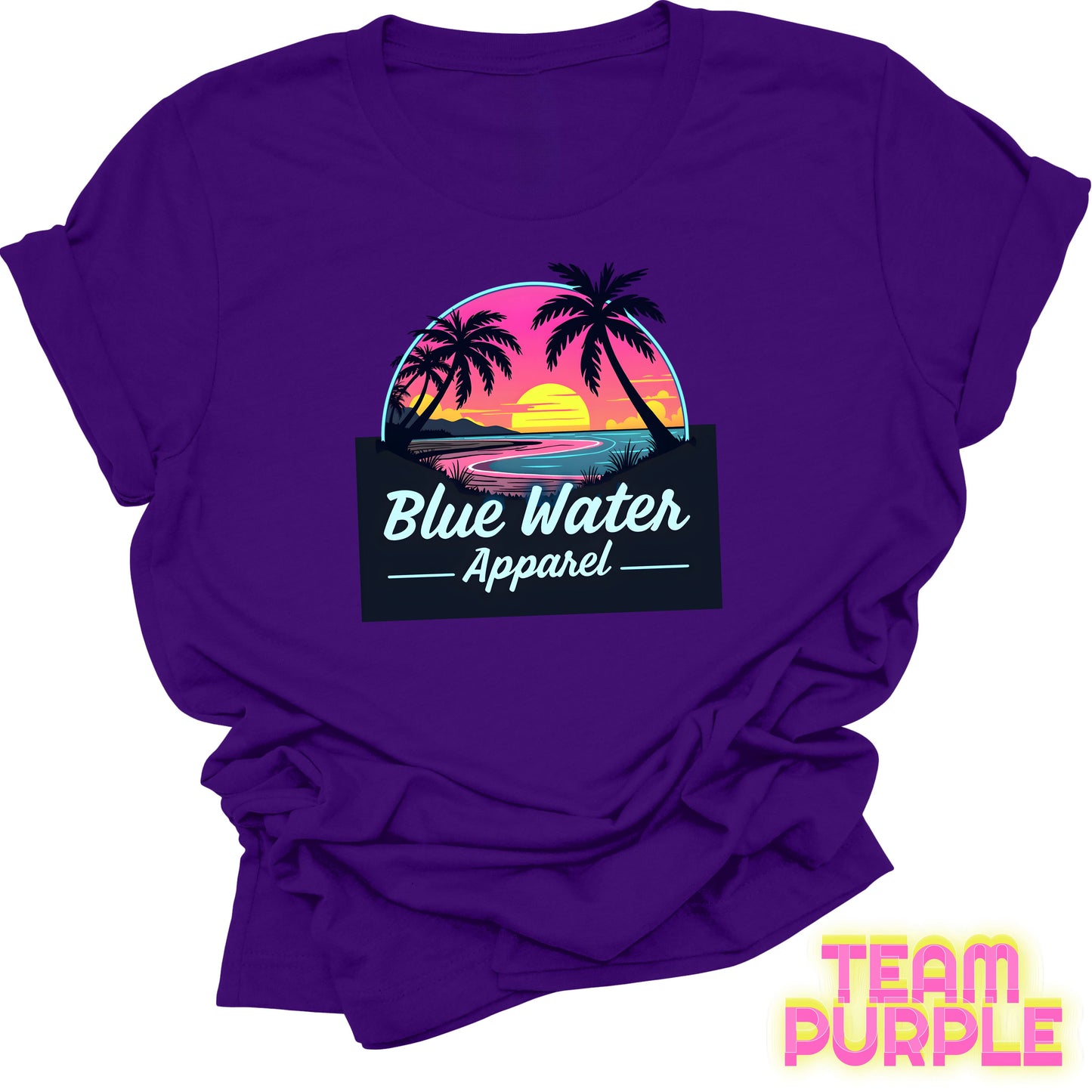 flat lay front graphic team purple neon sunset tee by blue water apparel
