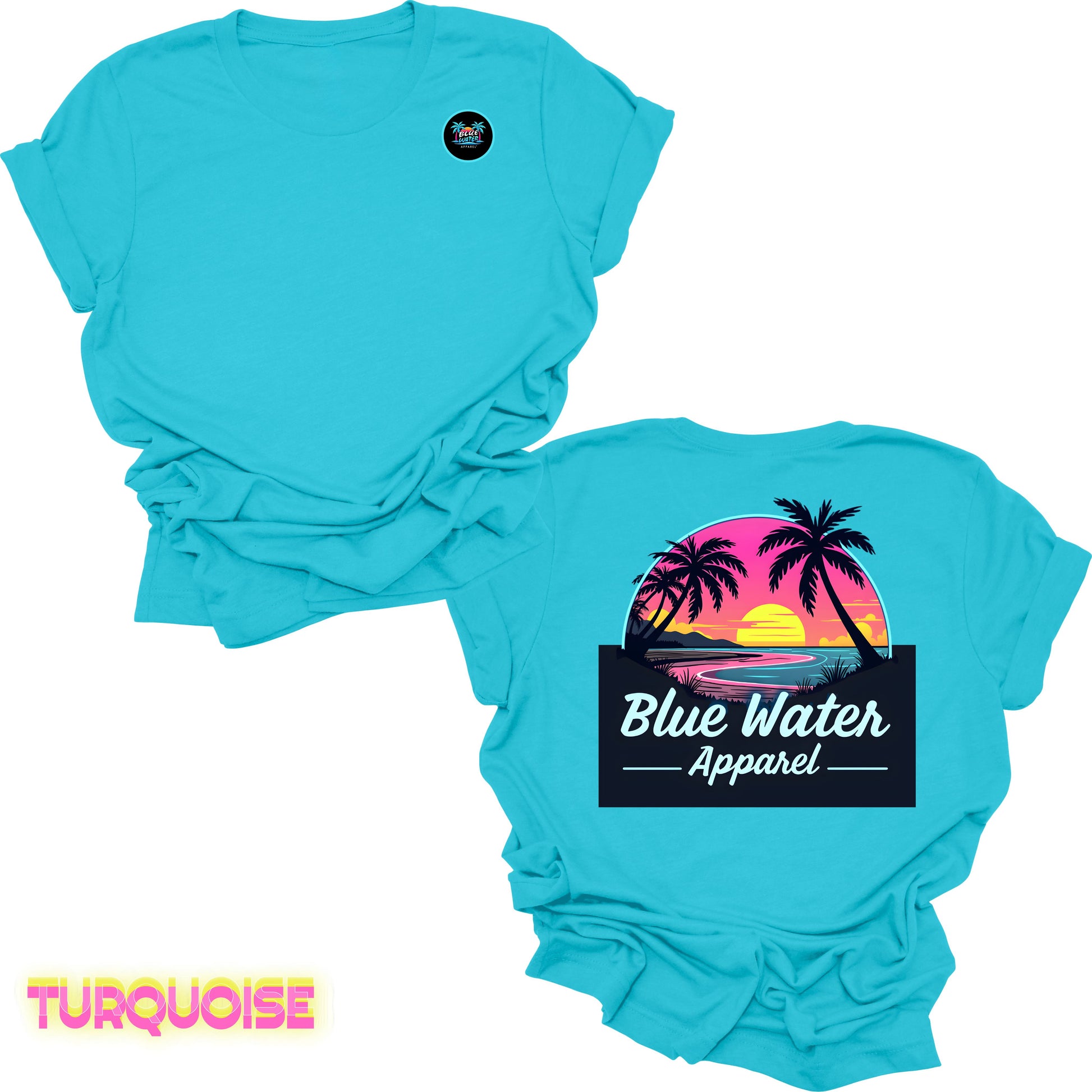 flat lay back graphic turquoise neon sunset tee by blue water apparel