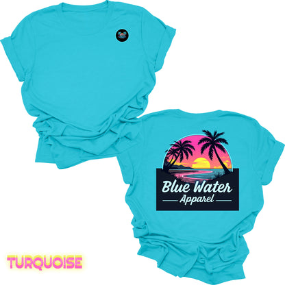 flat lay back graphic turquoise neon sunset tee by blue water apparel