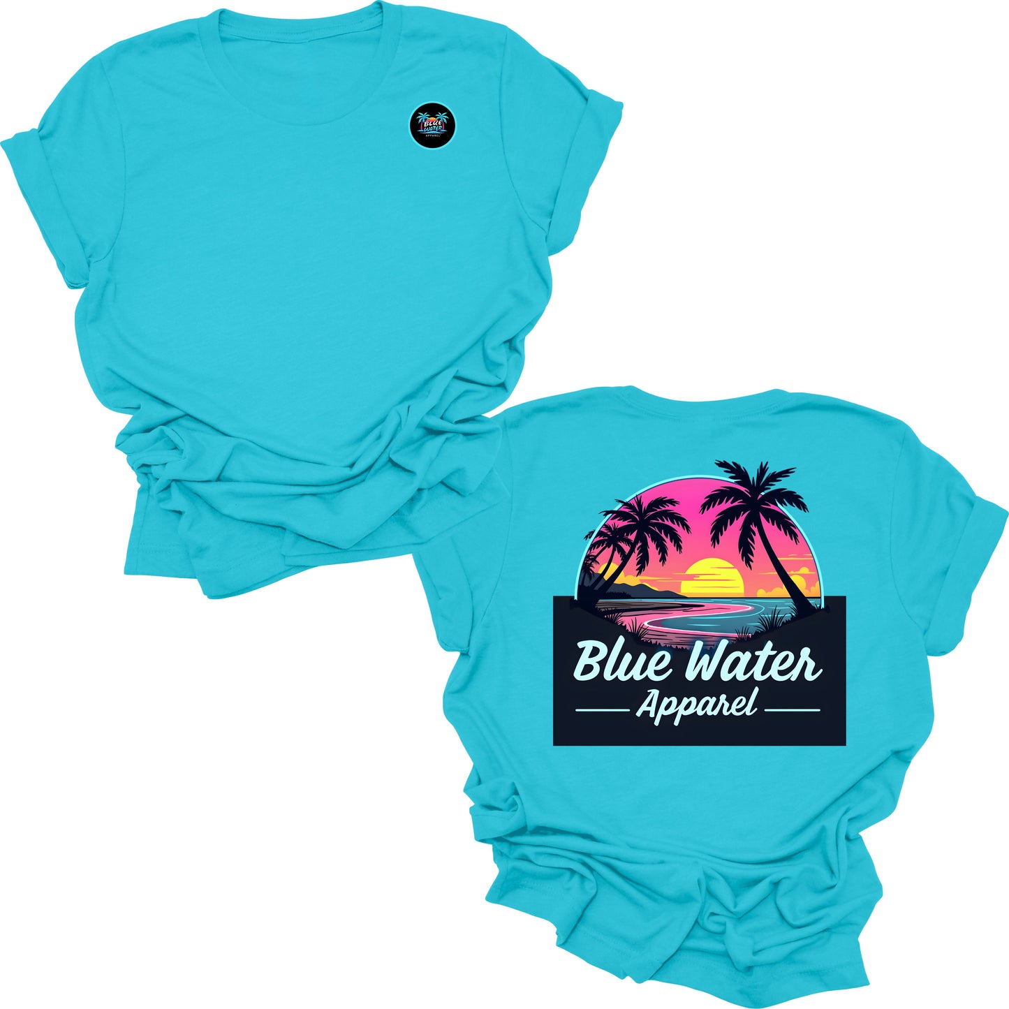 flat lay turquoise neon sunset tee by blue water apparel