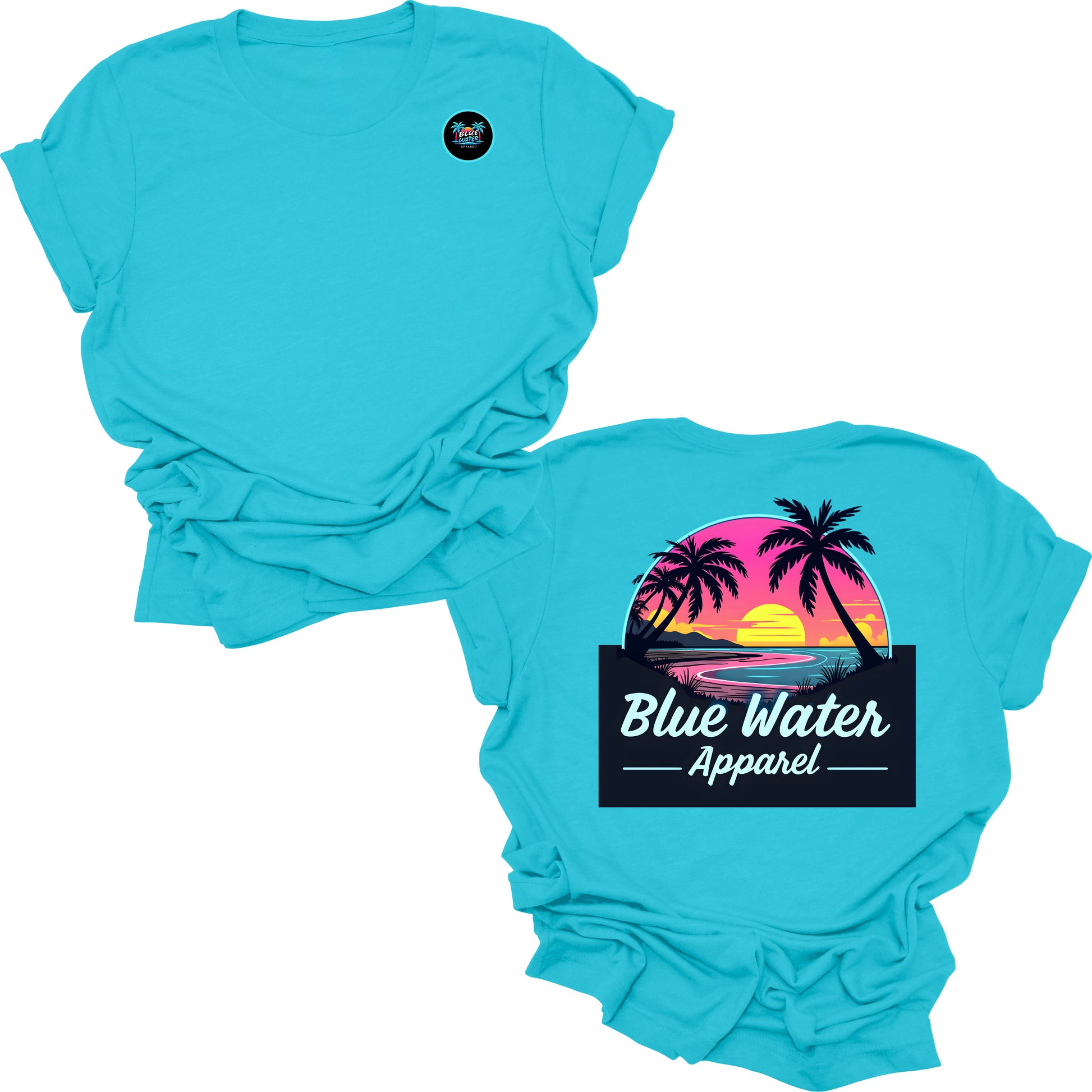 flat lay turquoise neon sunset tee by blue water apparel