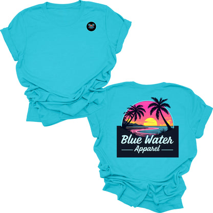 flat lay turquoise neon sunset tee by blue water apparel