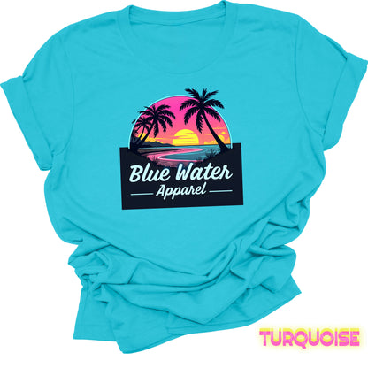 flat lay front graphic turquoise neon sunset tee by blue water apparel