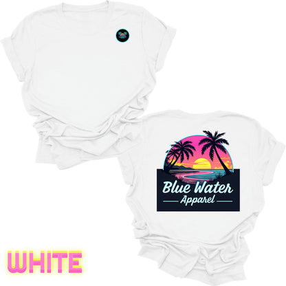 flat lay back graphic white neon sunset tee by blue water apparel