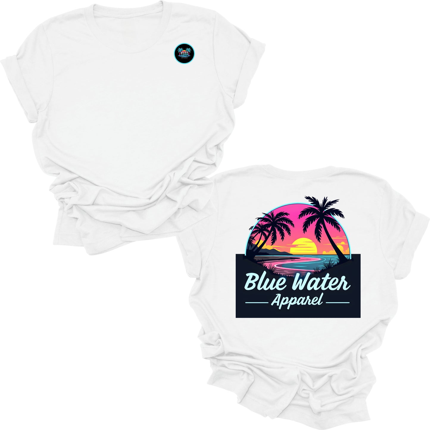 flat lay white neon sunset tee by blue water apparel