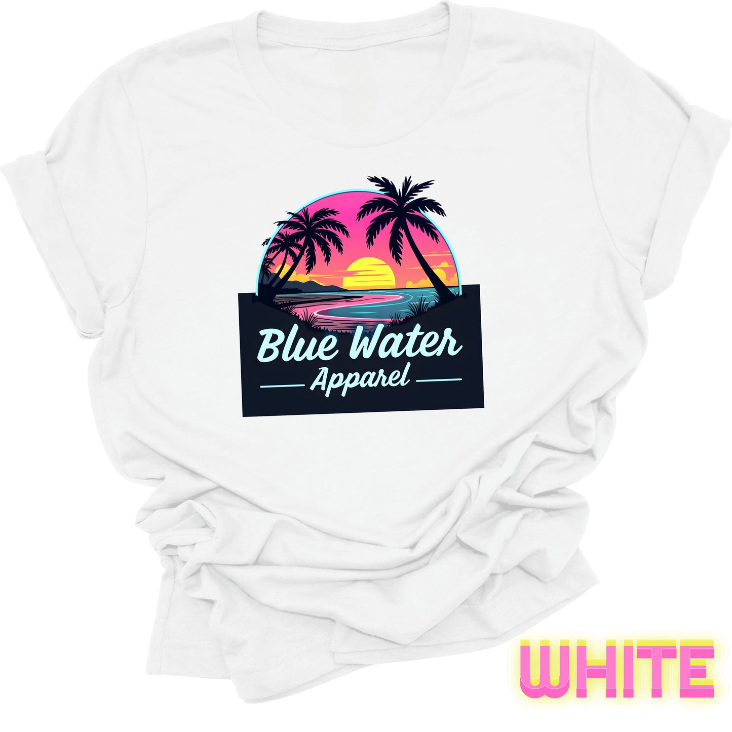 flat lay front graphic white neon sunset tee by blue water apparel