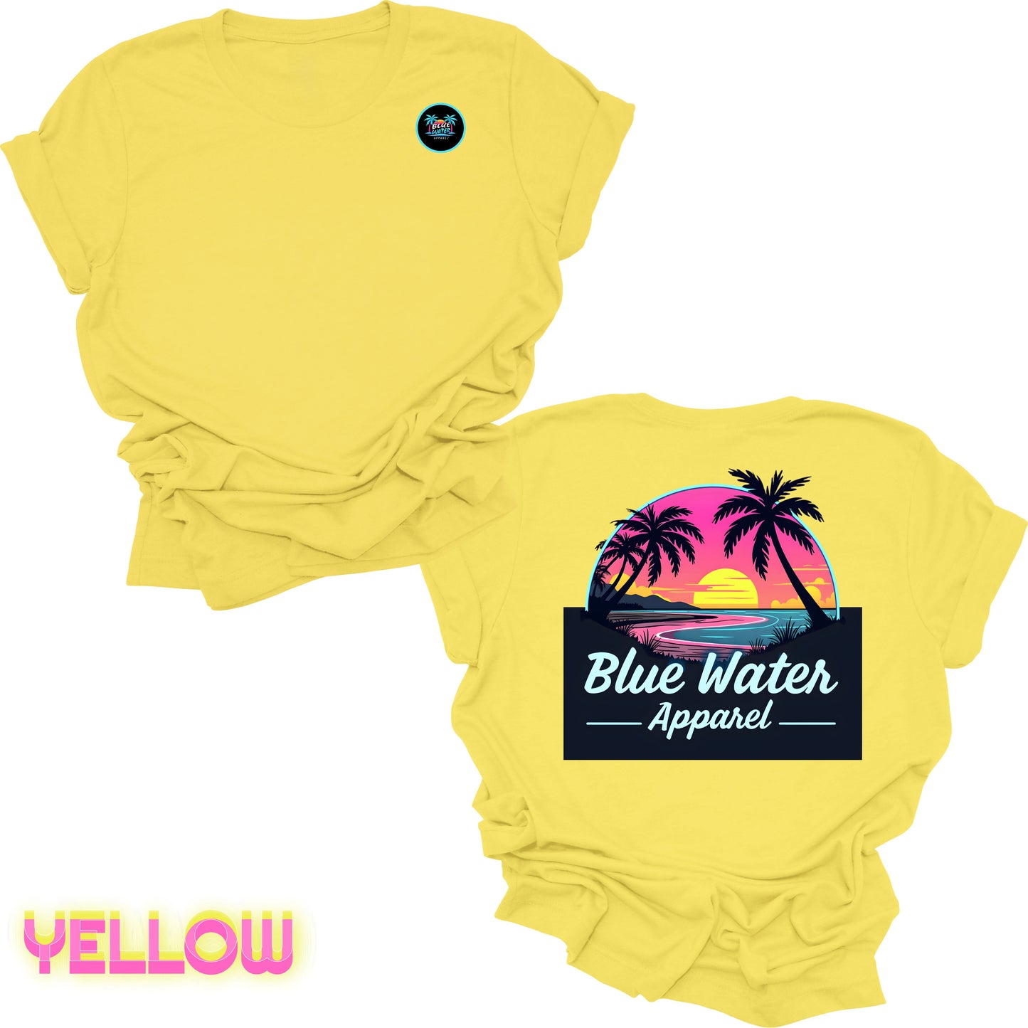 flat lay back graphic yellow neon sunset tee by blue water apparel