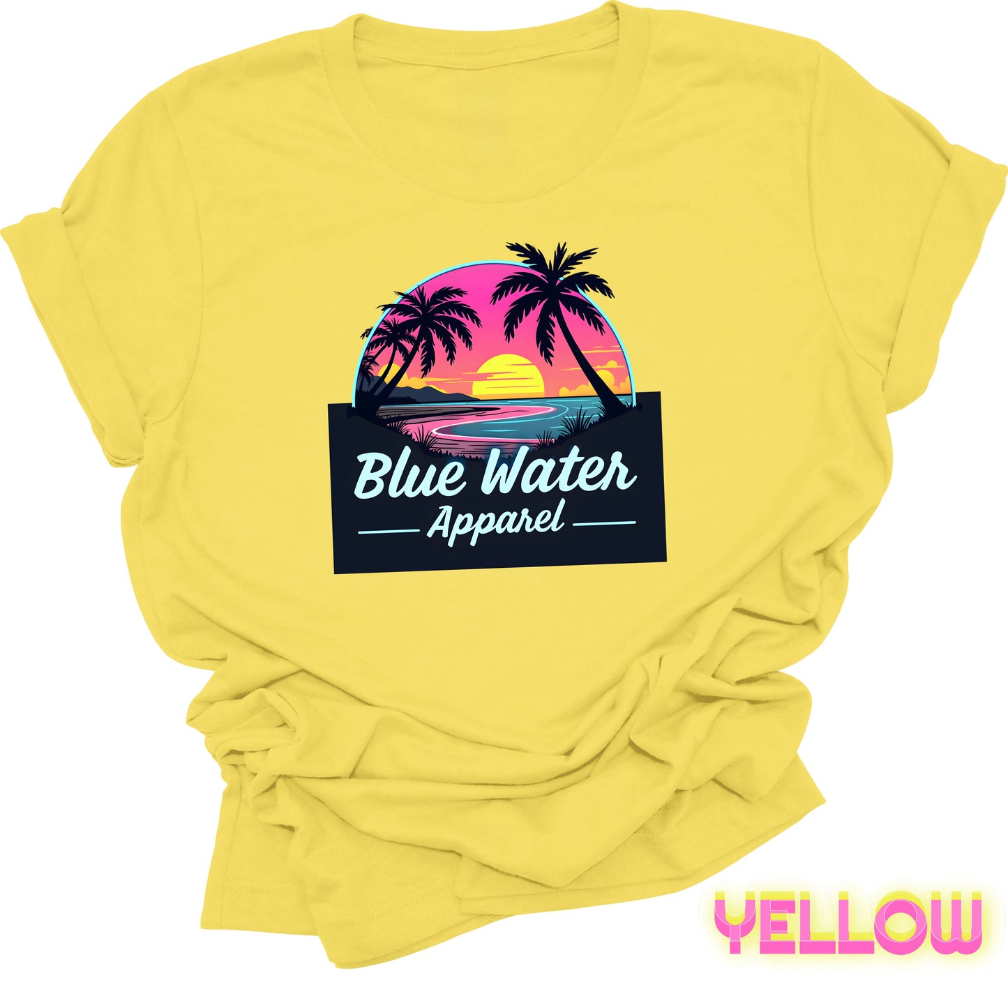 flat lay front graphic yellow neon sunset tee by blue water apparel