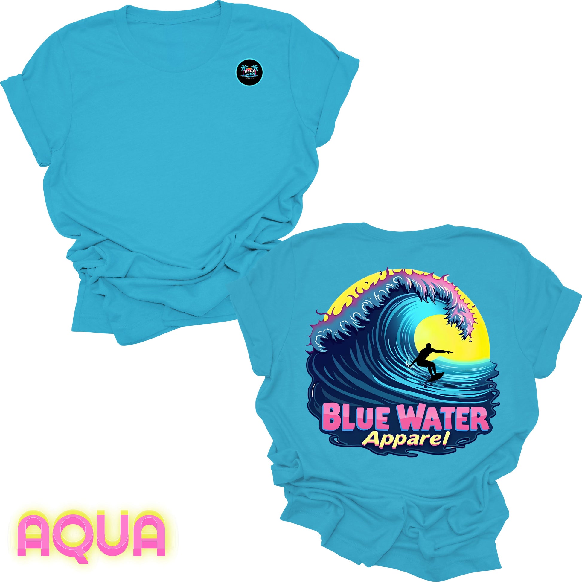 flat lay back graphic aqua neon surfer tee by blue water apparel