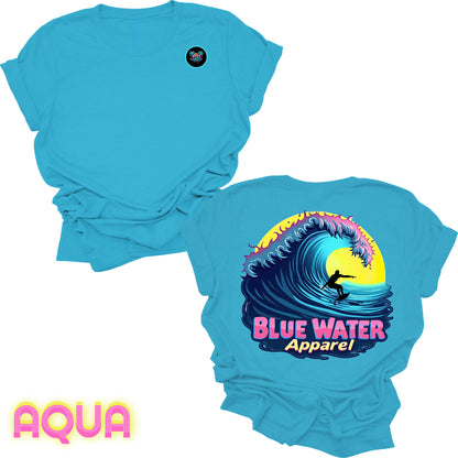 flat lay back graphic aqua neon surfer tee by blue water apparel