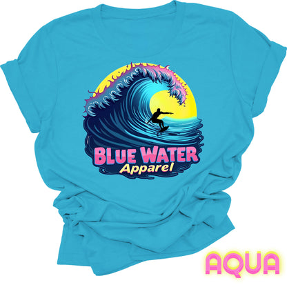 flat lay front graphic aqua neon surfer tee by blue water apparel