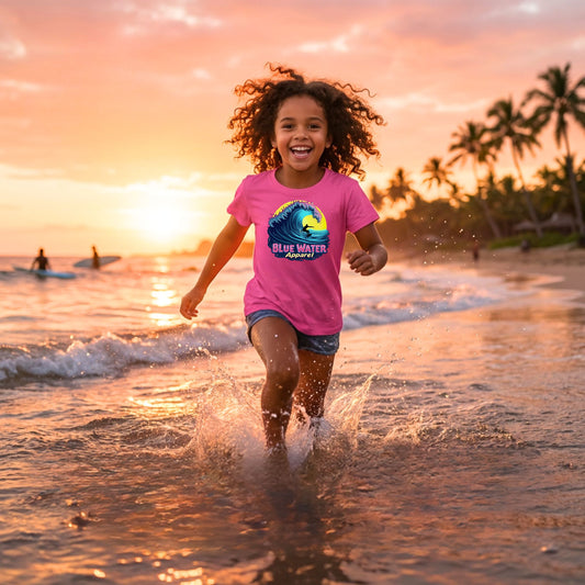 child model wearing azalea neon surfer tee running through water by blue water apparel