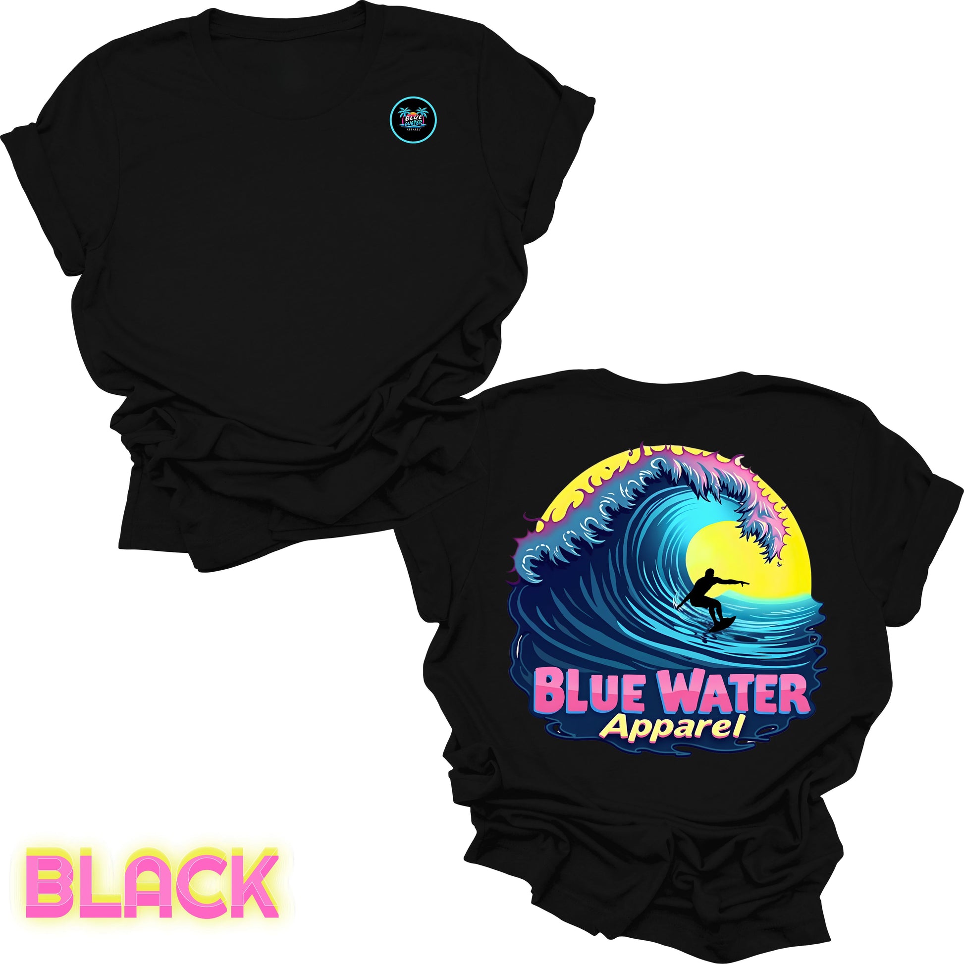 flat lay back graphic black neon surfer tee by blue water apparel