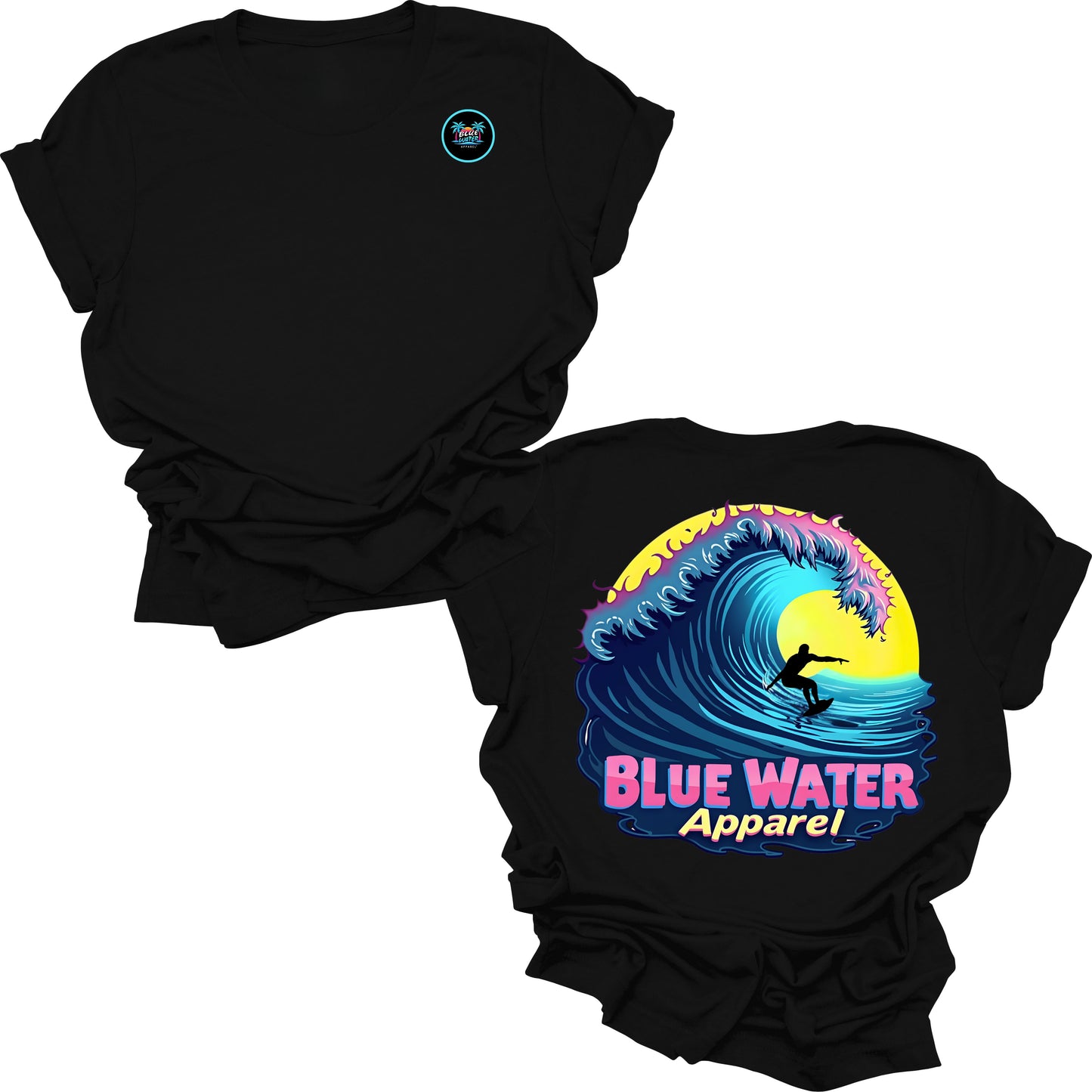 flat lay black neon surfer tee by blue water apparel
