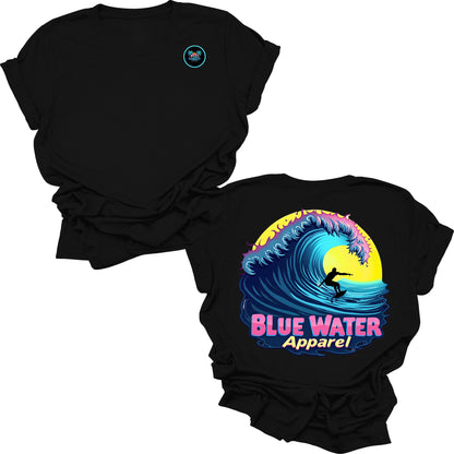 flat lay black neon surfer tee by blue water apparel