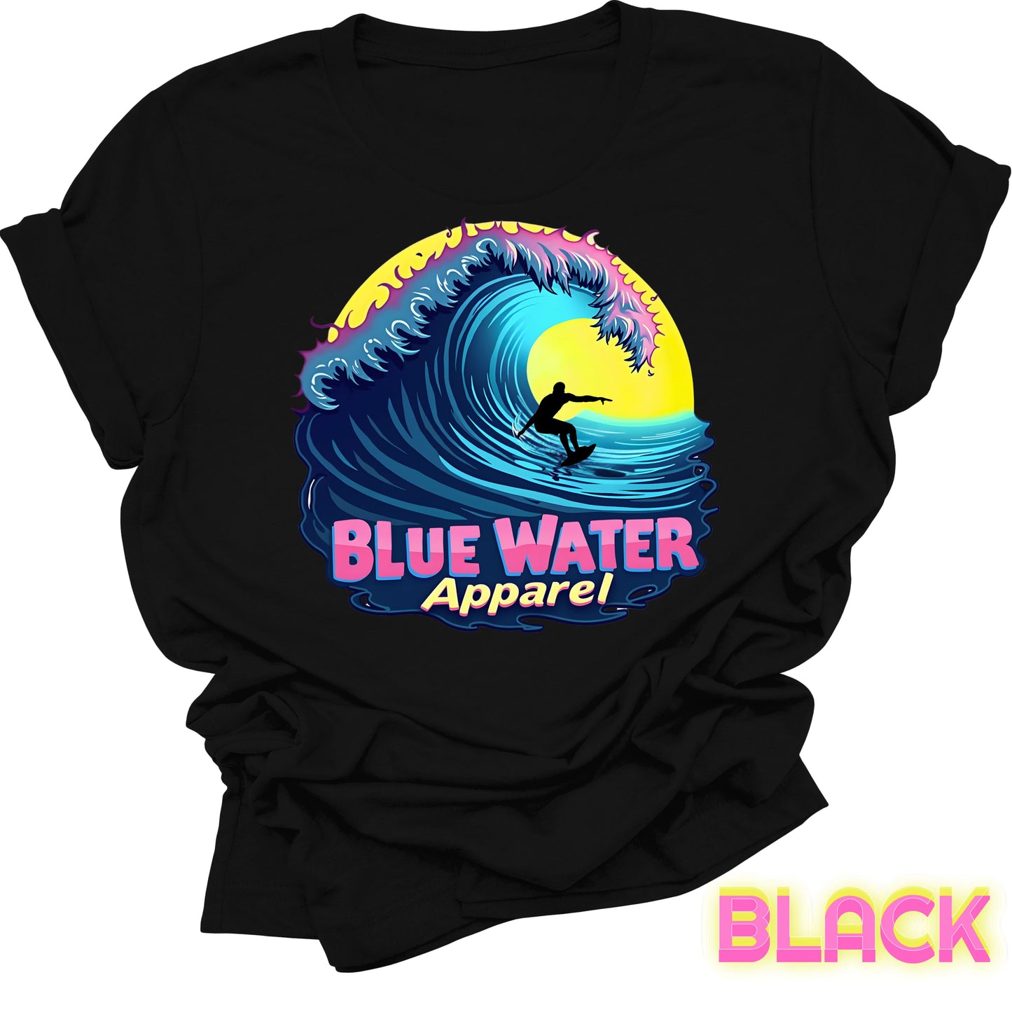 flat lay front graphic black neon surfer tee by blue water apparel