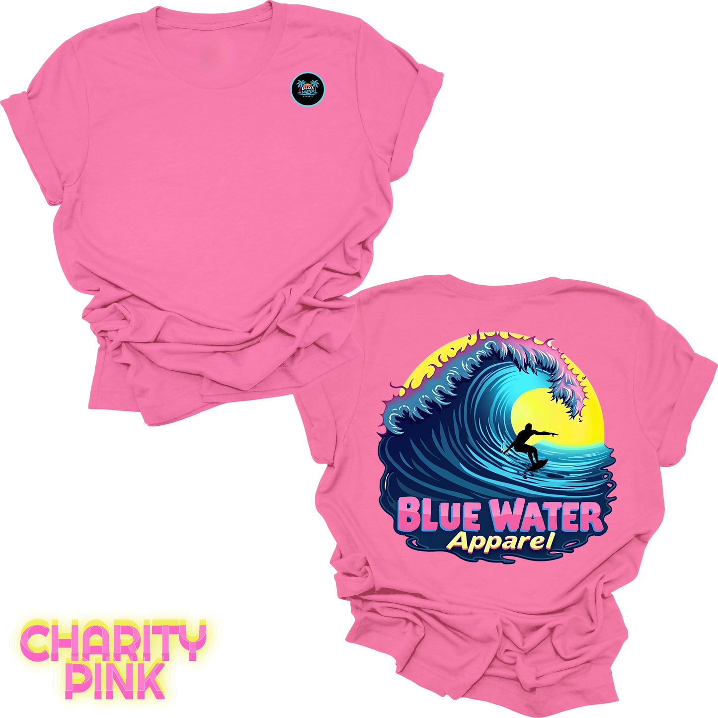 flat lay back graphic charity pink neon surfer tee by blue water apparel
