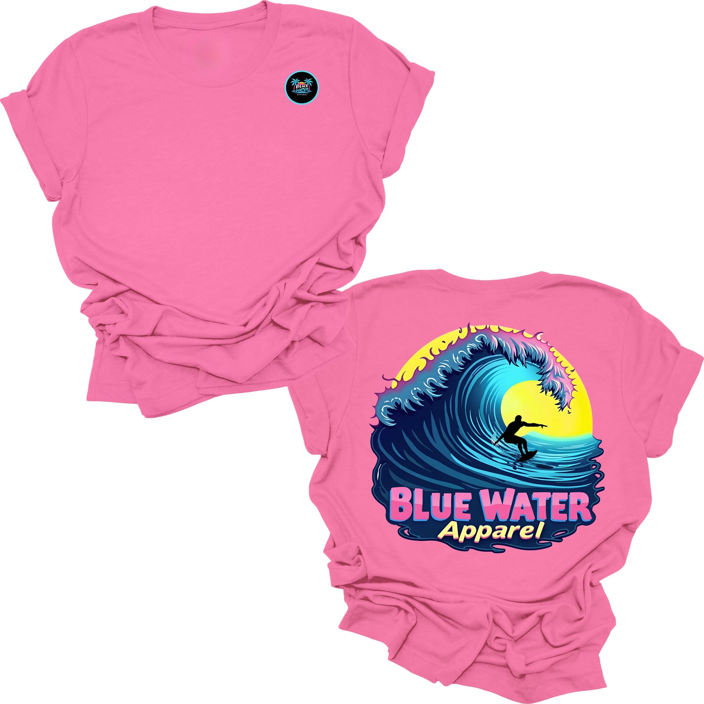 flat lay charity pink neon surfer tee by blue water apparel