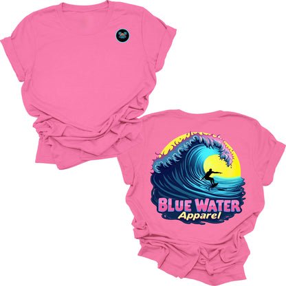 flat lay charity pink neon surfer tee by blue water apparel