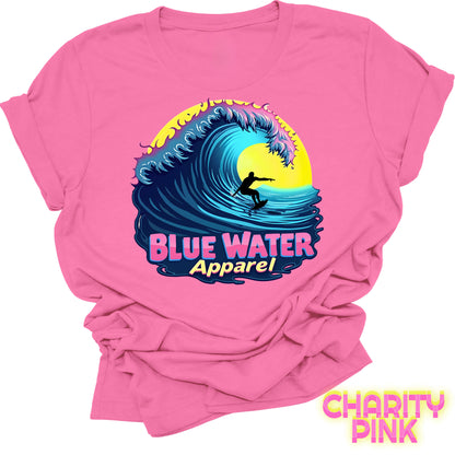 flat lay front graphic charity pink neon surfer tee by blue water apparel