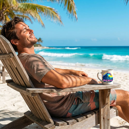 model with neon surfer coffee mug sitting in wooden chair on beach by blue water apparel