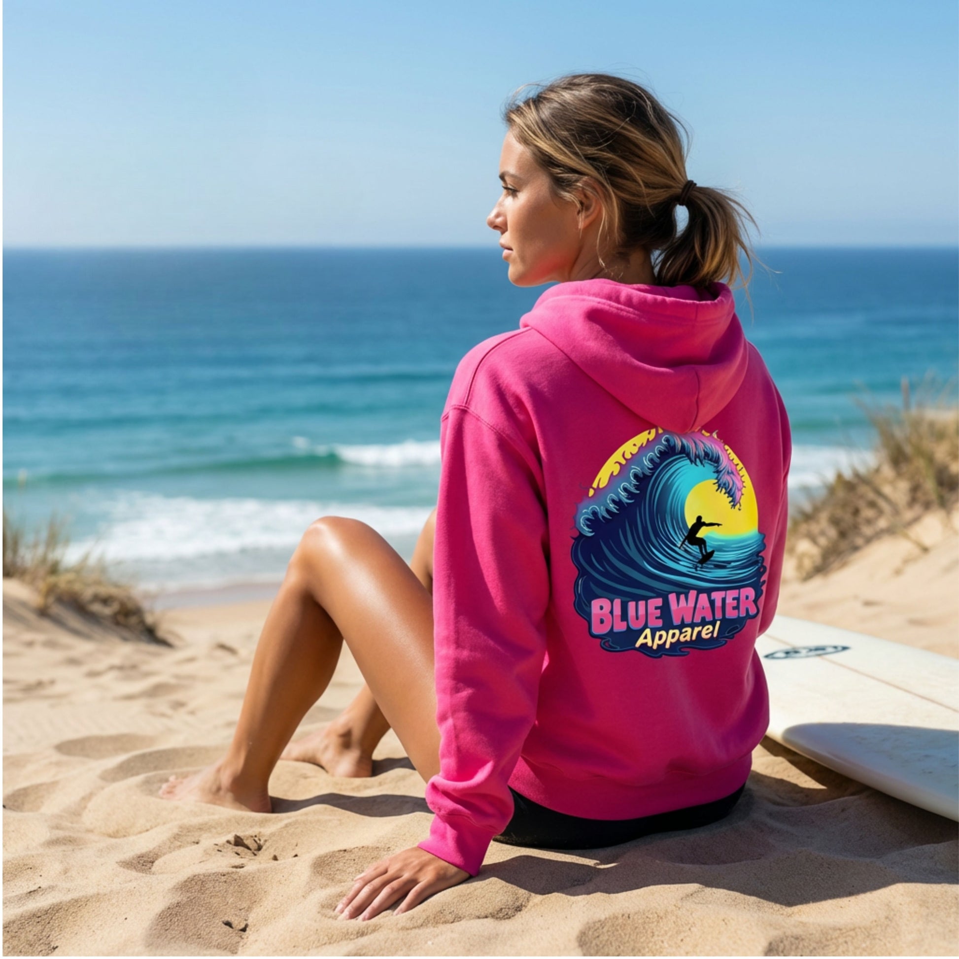 model wearing heliconia neon surfer adult hoodie sitting on beach with surfboard by blue water apparel