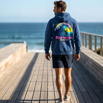 model wearing indigo blue neon surfer adult hoodie walking down pier by blue water apparel