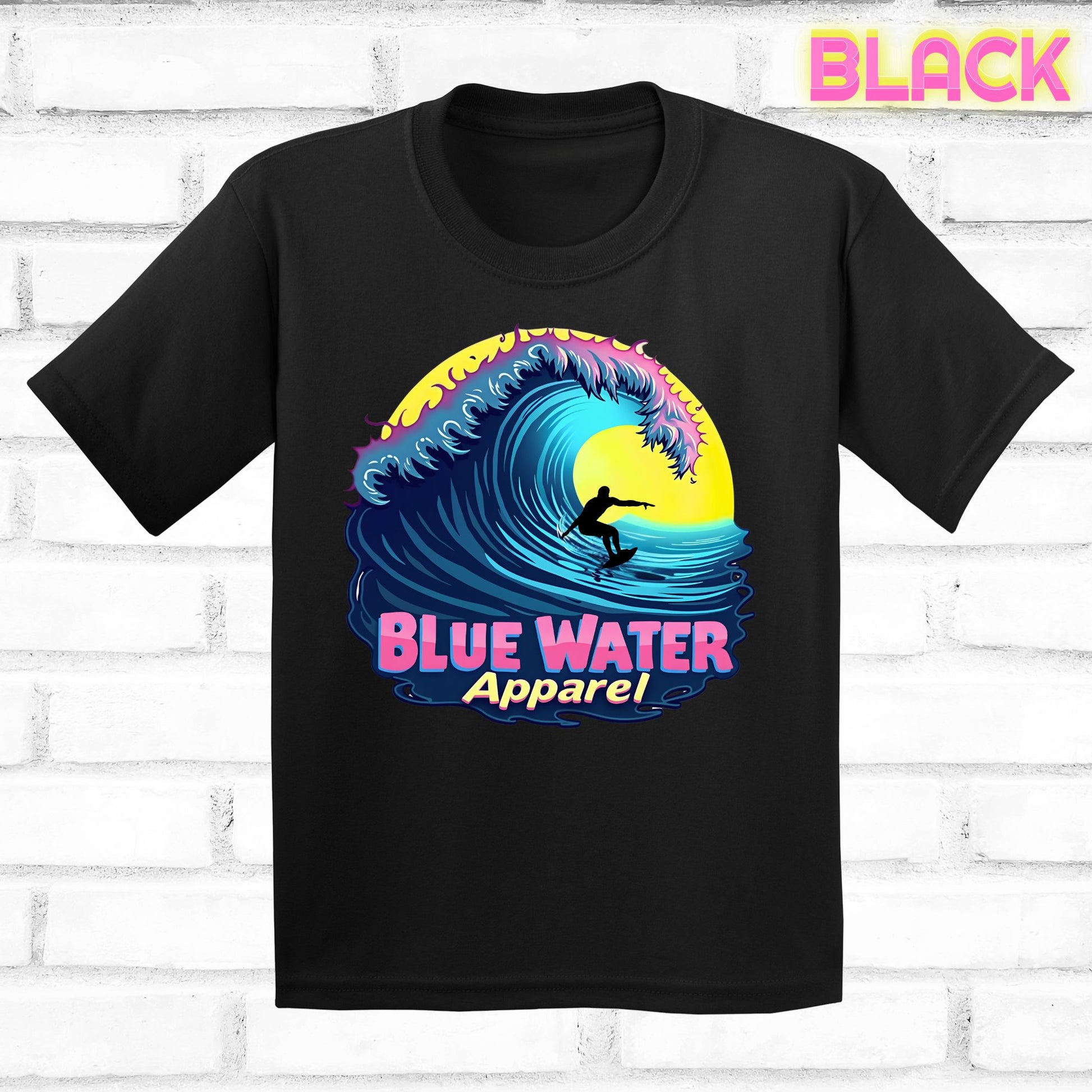 flat lay kids black neon surfer tee by blue water apparel