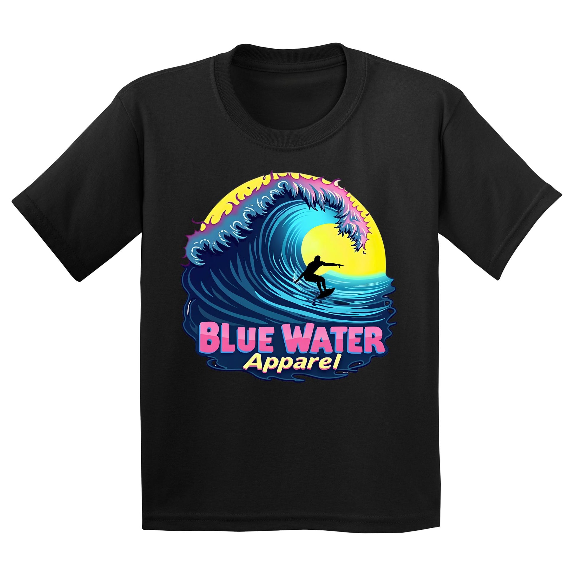 flat lay black neon surfer kids tee by blue water apparel