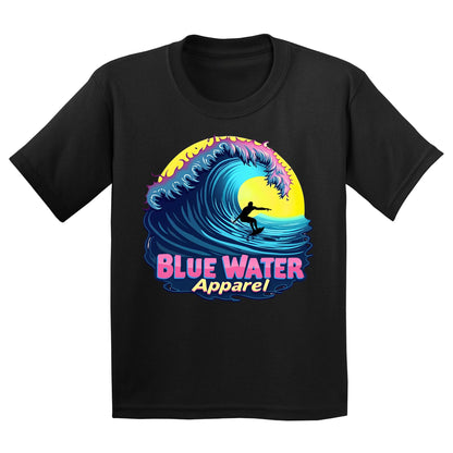 flat lay black neon surfer kids tee by blue water apparel