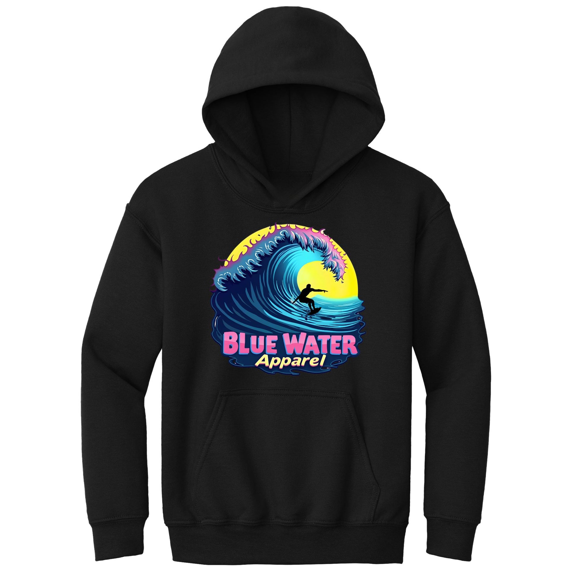 flat lay black neon surfer kids hoodie by blue water apparel