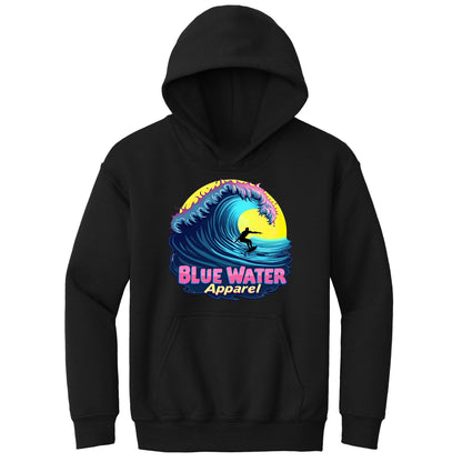 flat lay black neon surfer kids hoodie by blue water apparel