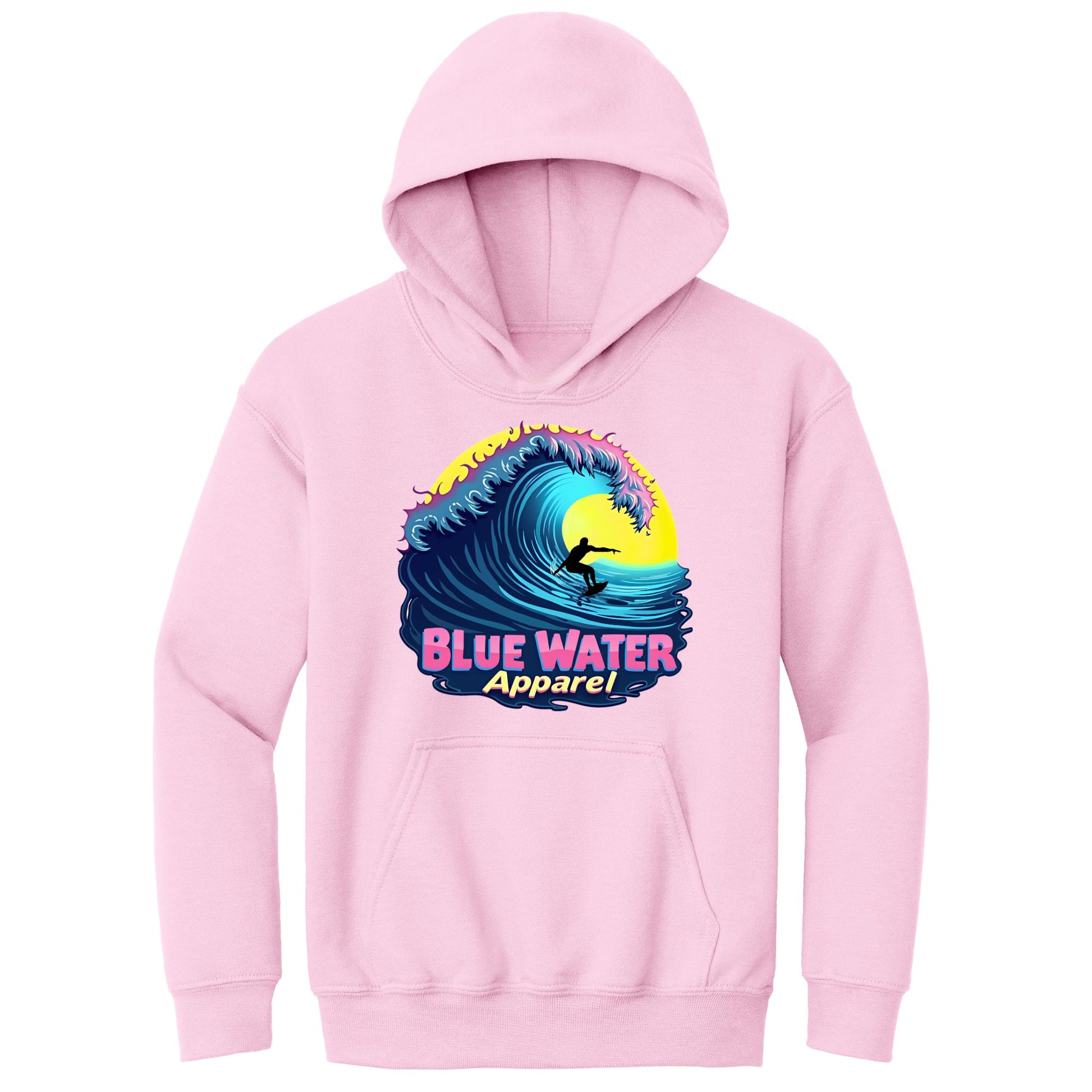 flat lay light pink neon surfer kids hoodie by blue water apparel