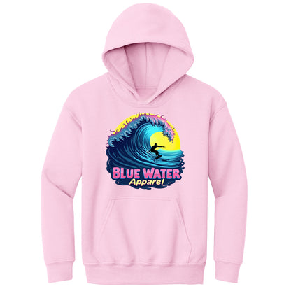 flat lay light pink neon surfer kids hoodie by blue water apparel