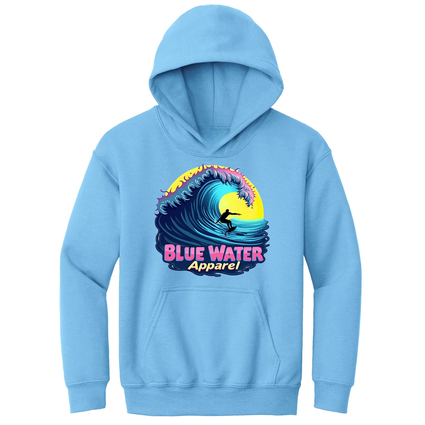 flat lay carolina blue neon surfer kids hoodie by blue water apparel