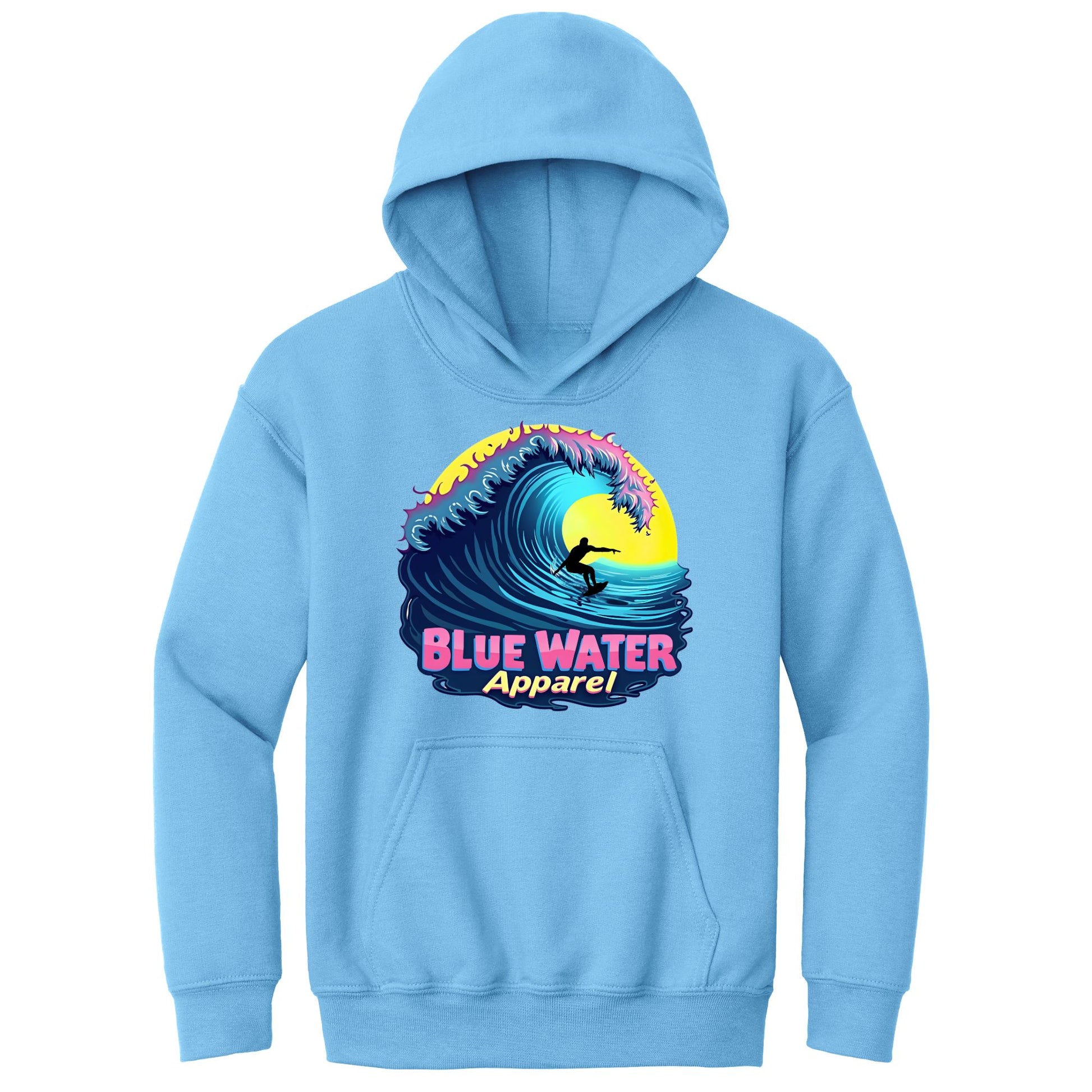 flat lay carolina blue neon surfer kids hoodie by blue water apparel