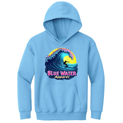 flat lay carolina blue neon surfer kids hoodie by blue water apparel