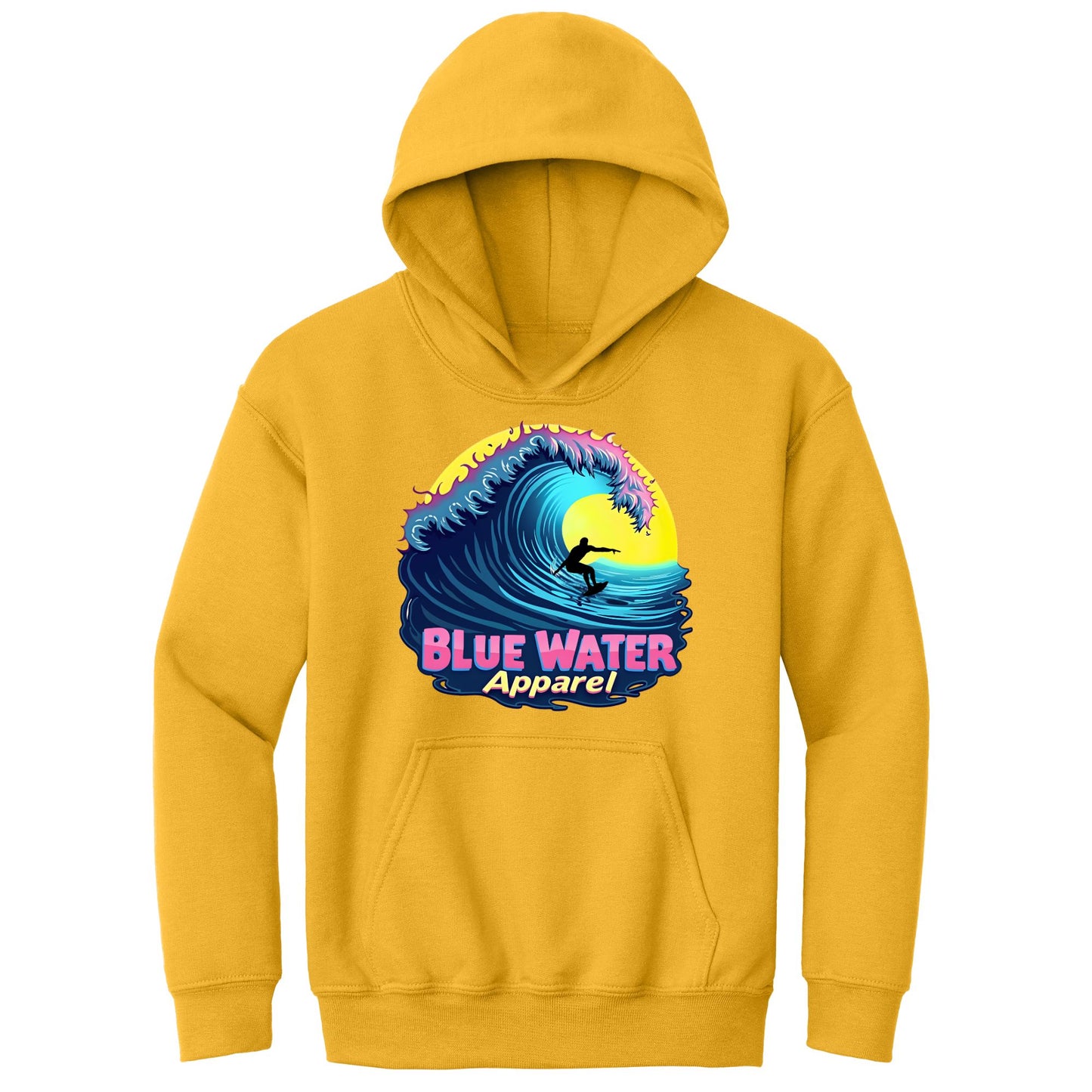flat lay gold neon surfer kids hoodie by blue water apparel